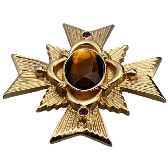 VTG 1983 Avon Allegro Maltese Cross Pendant/Brooch Topaz Color Oval Rhinestone - Picture 5 of 11